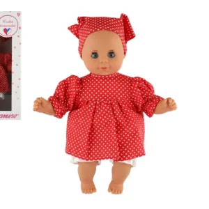 Baba/Baba Hamiro 30cm, textil test, piros ruha + fehér pöttyös + sál dobozban 20x35x13cm Kiárusítás