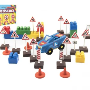 Vedd meg most LORI 11 Autósiskola Építőkészlet Közlekedési Táblák 16 db + 2 Bója + Autó Műanyag Dobozban 22x13x6cm