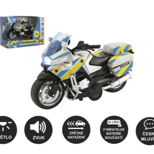 Vásárlói kedvenc Rendőrségi motorkerékpár 12 cm-es fém/műanyag csehül beszélő, fordított elemes működésű, fénnyel/hanggal, 1. dobozban