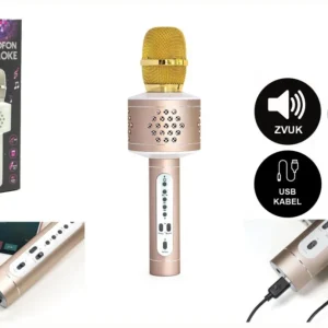 Szezonális akció Karaoke Bluetooth mikrofon arany színű elemes, USB kábellel, dobozban, 10x28x8,5cm