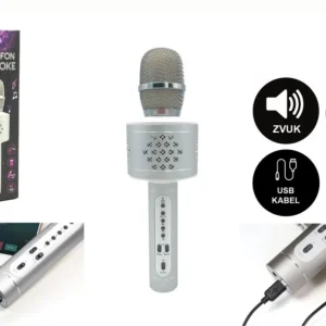 Bluetooth karaoke mikrofon ezüst színű, elemes, USB kábellel, dobozban, 10x28x8,5 cm Expressz szállítás